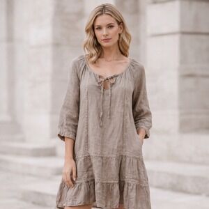 Rosemarine Linen Tunic Dress Beige Lace Trim Tiered Boho Made in Italy Size M